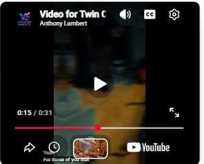 YouTube video player showing Video for Twin C by Anthony Lambert with play button and 15 second duration